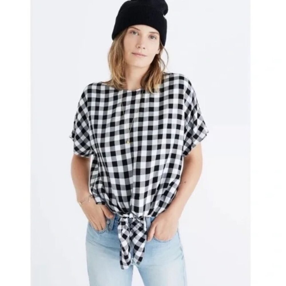 Madewell Buffalo Check black & White Button Back Tie Tee Blouse Medium